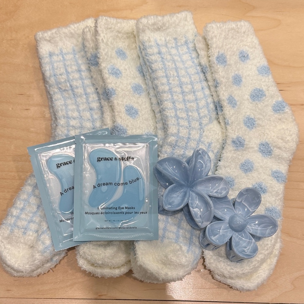Blue and White Cozy Socks/ Claw Clips/ Eye Masks Set